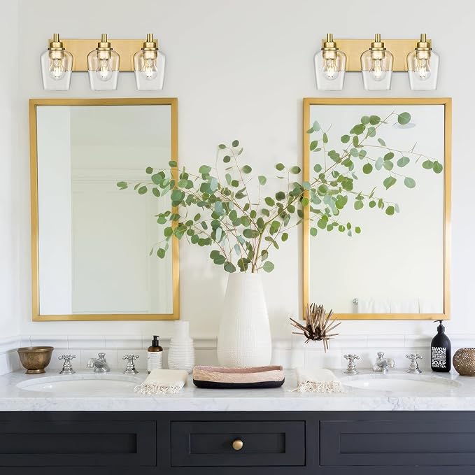METWET Bathroom Light Fixtures, 3-Light Modern Vanity Light with Clear Glass Wine Glass-Shaped Shade, Vanity Lighting Fixtures Over Mirror, Brushed Gold, VL155-BG-3