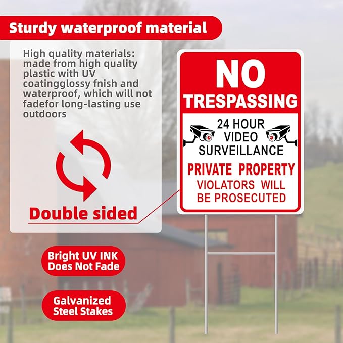 NO Trespassing Signs Private Property Video Surveillance Sign, Large 4-Pack 13"x10" Double-Sided Signs, Corrugated Plastic, H-Metal Stakes, Outdoor Yard Sign for Home and Front Door Land, and Garden, Lawn