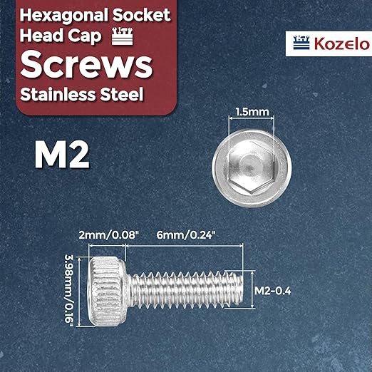 Kozelo 100pcs Socket Head Cap Screws - [M2-0.4 x 6mm] 304 Stainless Steel Allen Socket Drive for Electrical Motor 3D Printing Fan Engine Replacement Use, Silver
