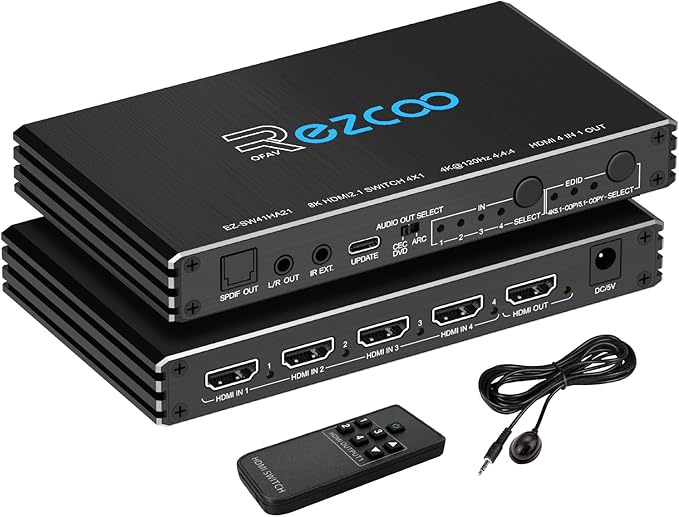 HDMI Switch 8K 4x1 120Hz 48Gbp, HDCP 2.3,ARC,VRR,CEC,HDMI Switcher 4 in 1 Out,4 Port HDMI Selector,IR Remote,3D,HDR 10,D-o-l-b-y Atmos,for QLED TV,PS5,Xbox,Fire Stick,Roku,Blu Ray,Projector