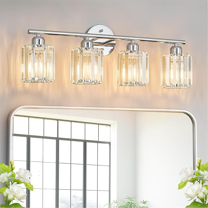 FDPBY Modern 4 Light Crystal Vanity Light, Chrome Vertical Bathroom Light Fixture Over Mirror for Dressing Table Sink, Compatible with Dimmable Bulbs (Bulbs Not Included)
