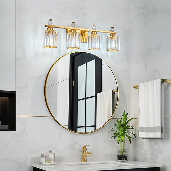 FDPBY Bathroom Vanity Lights 4-Light Gold Modern Crystal Vanity Light Fixtures Over Mirror Crystal Bathroom Vanity Lighting Fixtures