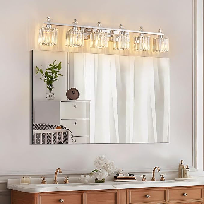 FDPBY Vanity Lights 6-Light Modern Crystal Vanity Light Chrome Bathroom Light Fixtures Over Mirror Crystal Bathroom Vanity Lighting Fixtures