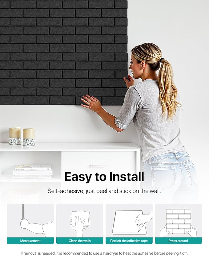 Soundproof Wall Panels Self-adhesive, Acoustic Panels 18 Pack Brick Wall Panels, High Density Sound Absorbing Panel for Walls, Office,Reccording Studio, Ceiling 12" X 12" X 0.4" Black