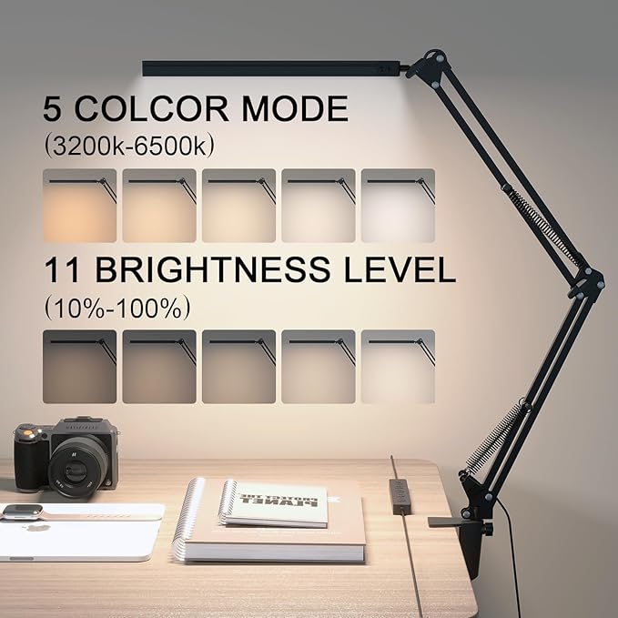 TROPICALTREE LED Desk Lamp for Home Office, Clamp-On with 5 Light Modes & Auto Shut Off | 14W Adjustable Brightness 5000K Eye-Caring Lighting for Study/Bedroom/Computer Desk