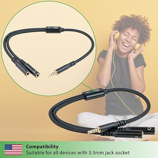 fouraces AUX y Splitter - 4 Pole, Adapter Cable Very Short - 1 ft - 3.5 mm - 2 Headphone Connections for PC, PS4, Microphone - Jack Crossover, Audio Splitter for Two People
