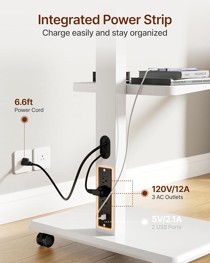ECOTINY Steel Base Rolling TV stand with Power Outlet for 32-75 inch TVs up to 110 lbs, Leveling & Tilt & Swivel Mobile TV Stand with Hidden Wire Management, Height Adjustable Portable TV Stand, White