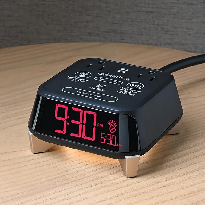 Brandstand CubieTime Zen | Alarm Clock Charger with White Noise and Sunrise Alarm | 2 USB-C Ports | 2 Tamper Resistant Outlets | Night Light