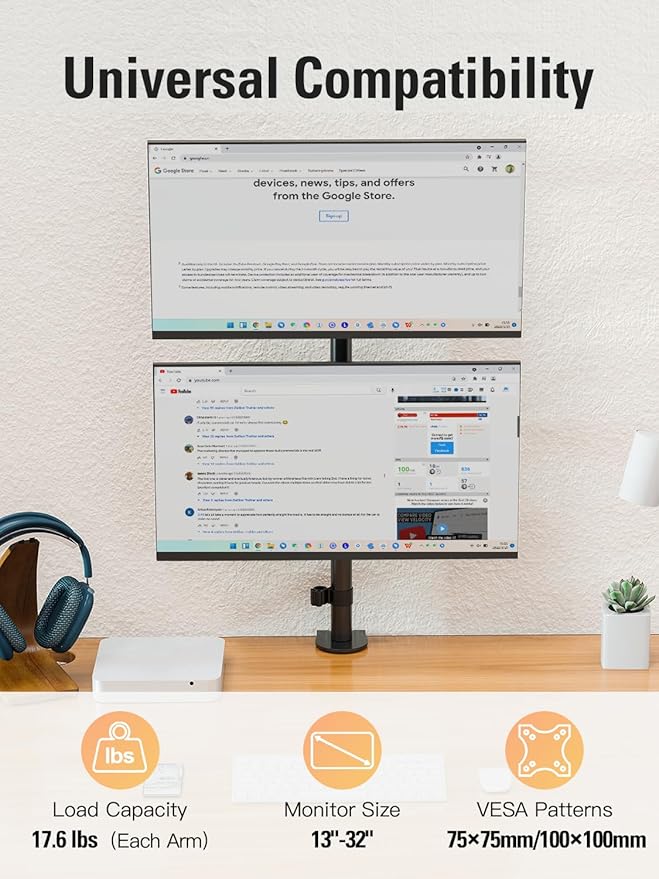 DreamAxis Stable Vertical Dual Monitor Stand, Stacked Monitor Mount for 2 Screens Up to 32 inch, Full Motion Monitor Desk Mount with Swivel, Tilt, Rotation, Holds 17.6 lbs Each, Max VESA 100x100mm