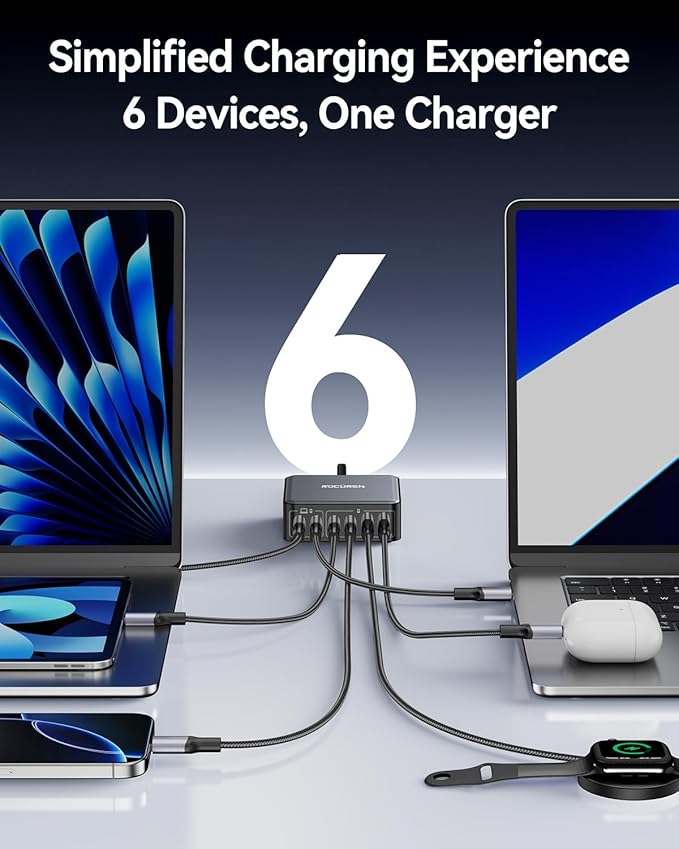 270W USB C Charger Block, Rocoren 6 Port Multi USB-C Charging Station,100W PD Fast USBC Gan Charger Station Hub Dock for Multiple Devices, Laptop Type C for MacBook/iPhone 17/iPad/Galaxy S25 (Black)