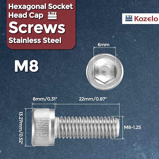 Kozelo 10pcs Socket Head Cap Screws - [M8-1.25 x 22mm] 304 Stainless Steel Allen Socket Drive for Electrical Motor 3D Printing Fan Engine Replacement Use, Silver