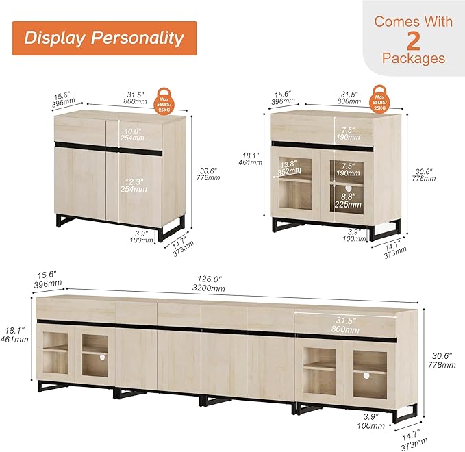 WAMPAT Modern TV Stand for TVs up to 120 inch, 4 in 1 TV Console with Glass Doors and 2 Drawers, Entertainment Center with Adjustable Shelf for Living Room, Bedroom, Light Oak