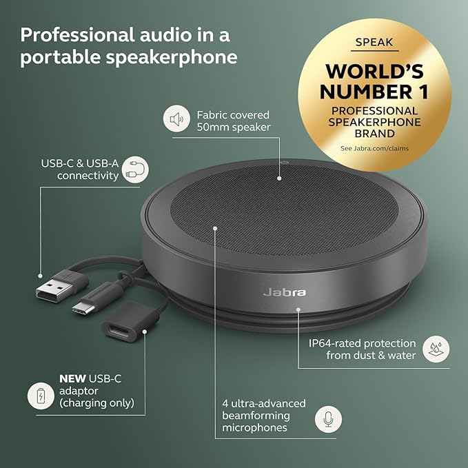 Jabra Speak2 75 (2025 Edition) Wireless Bluetooth Speakerphone - 4 Noise-Cancelling Mics, 65mm Speakers - New Linking Feature - USB-A Dongle - Certified for Zoom and Google Meet - Dark Grey