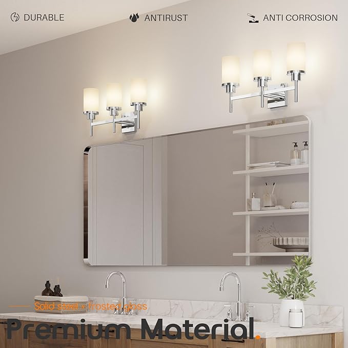 AONEON Bathrom Light Fixtures Polished Chrome 3 Vanity Lights with White Frosted Glass Shade, Wall Lamps Over Mirror for Bath Washroom Bedrom T001CH-L3