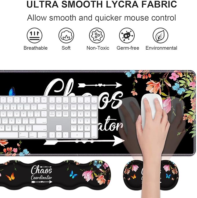 Ergonomic Keyboard Wrist Rest & Mouse Pad Wrist Rest Set, Chaos Coordinator Quote Vintage Watercolor Floral Large Gaming Desk Mat 31.5"x 11.8" with Memory Foam, Easy Typing Pain Relief for Home Office