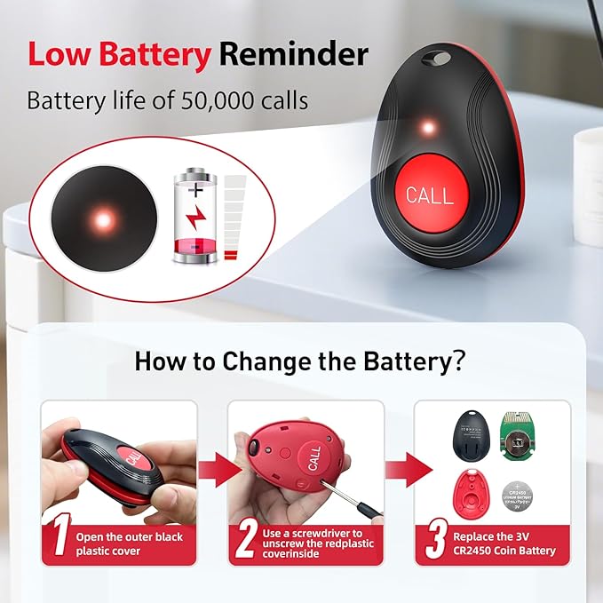 CallToU Wireless Call Button Caregiver Pager Nurse Call System for Elderly/Patients at Home/Hospital with Voice Announcements and LED Number Display (6 Waterproof Call Button & 2 Receiver)
