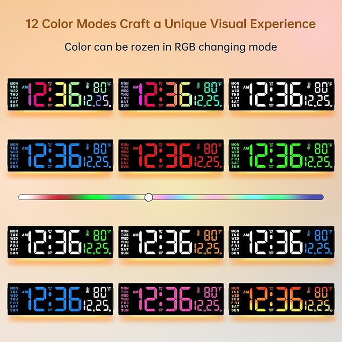 Soobest 14.2" Large Digital Wall Clock with Bluetooth Auto Sync Time Date Day, LED Big Display, 12 Colors, Count Down Timer＆Temperature for Classroom, Living Room, Gym Home