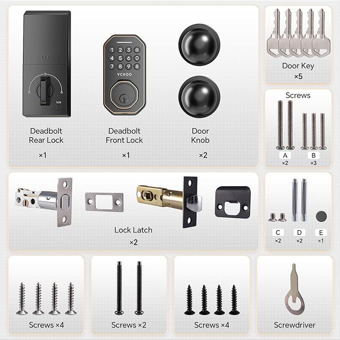 VCHOO Keyless Entry Door Lock Set WiFi Smart App Control Door Lock for Front Door Keypad Deadbolt with 2 Knobs Auto Lock One Time Codes Easy Install, Bronze