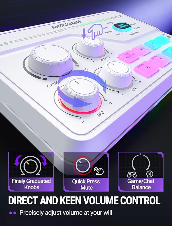 FIFINE Audio Mixer for Gaming with 7.1ch Surround Sound-Volume Knob-Mute-Voice Chat, RGB Computer Mixer with XLR Mic Interface Compatible wtih TV for Live Streaming-AmpliGame SC8W