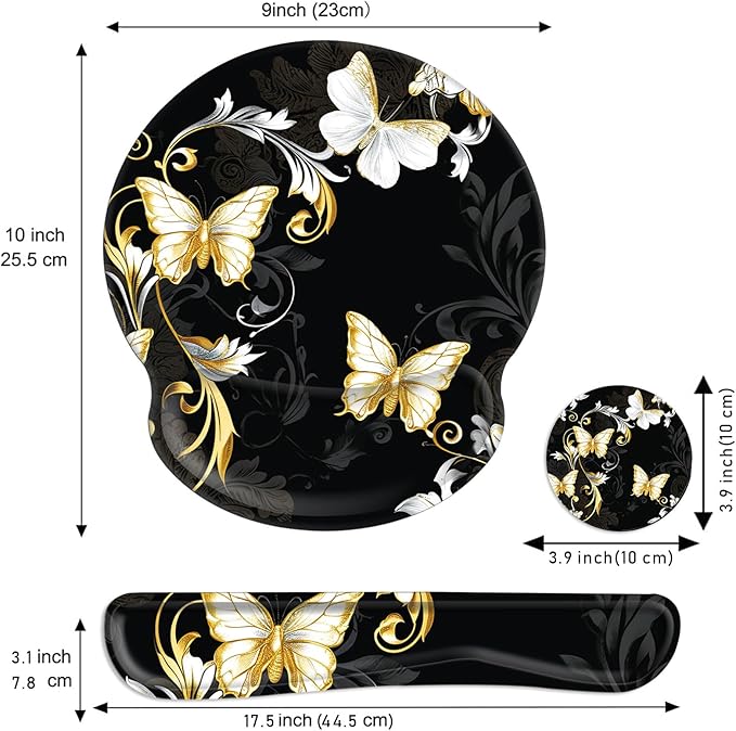 Keyboard Wrist Rest and Mouse Pad Wrist Support Set with Coasters,Non-Slip PU Base Ergonomic Gaming Mousepad for Home Office Working Studying Easy Typing & Pain Relief,Silver Golden Butterfly