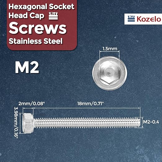 Kozelo 50pcs Socket Head Cap Screws - [M2-0.4 x 18mm] 304 Stainless Steel Allen Socket Drive for Electrical Motor 3D Printing Fan Engine Replacement Use, Silver