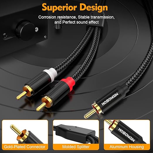 HOSONGIN RCA Y Splitter Cable, 3.3Ft, 2Pack, 1 Male to 2 Male Audio Cable, Gold-Plated, Noise-Free Durable Braided Design RCA Adapter for Subwoofers, Amplifiers, TVs, Home Theater, Hi-Fi Systems