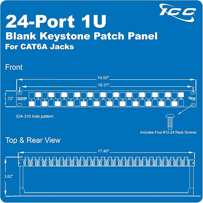 ICC 24 Port Blank Keystone 1U Patch Panel with 19” Metal Rackmount Housing and Cable Support Bar, Staggered Ports to Reduce ANEXT, Works with Keystone Jacks (Sold Separately), UL Listed, IC107PPU6A