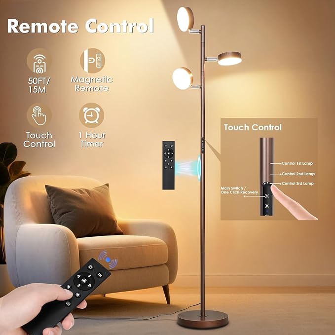 Benaep Tree Floor Lamp for Living Room - Modern Brown Standing Lamp, LED Floor Light with Remote & Touch, 3000K-6000K Dimmable for Bedroom Office Reading (3 Head)