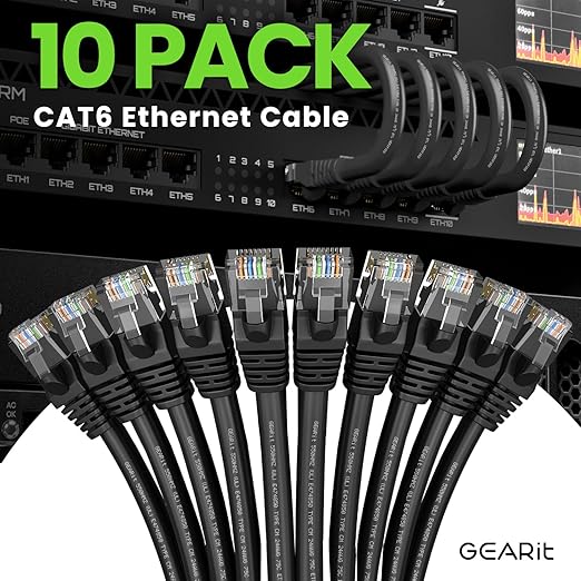 GEARit Cat 6 Ethernet Cable Pack - 10-Pack 3 ft Cat6 Ethernet Patch Cables | RJ45 Network Patch Cable, 10 Gbps Snagless Gold-Plated Connectors - Ethernet Cable Cat 6 for PC, TV, Router - Black
