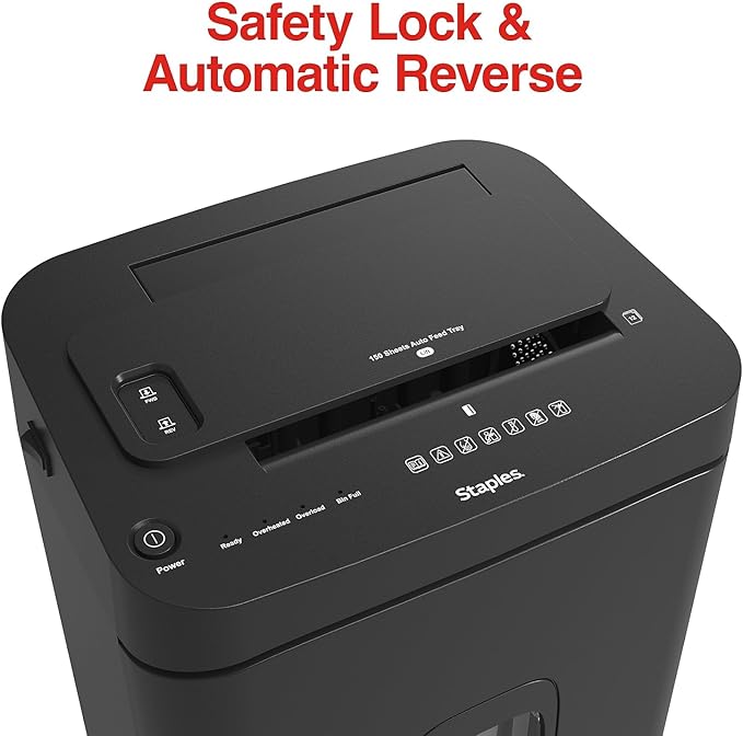 Staples 150-Sheet Micro-Cut Paper Shredder, Autofeed, Anti-Jam, 7.4-Gallon Pull-Out Bin, Black, for Home & Office