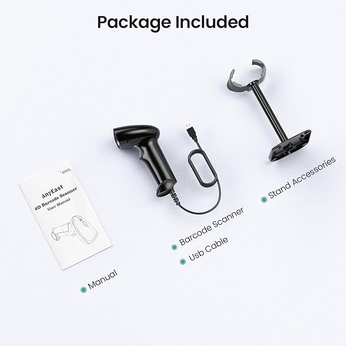 Anyeast 2D 1D Barcode Scanner : USB Wired Inventory QR Scanner with Stand for Computer POS MAC with Automatic Scanning, Handheld CMOS Image Bar Code Reader for Warehouse Library Supermarket