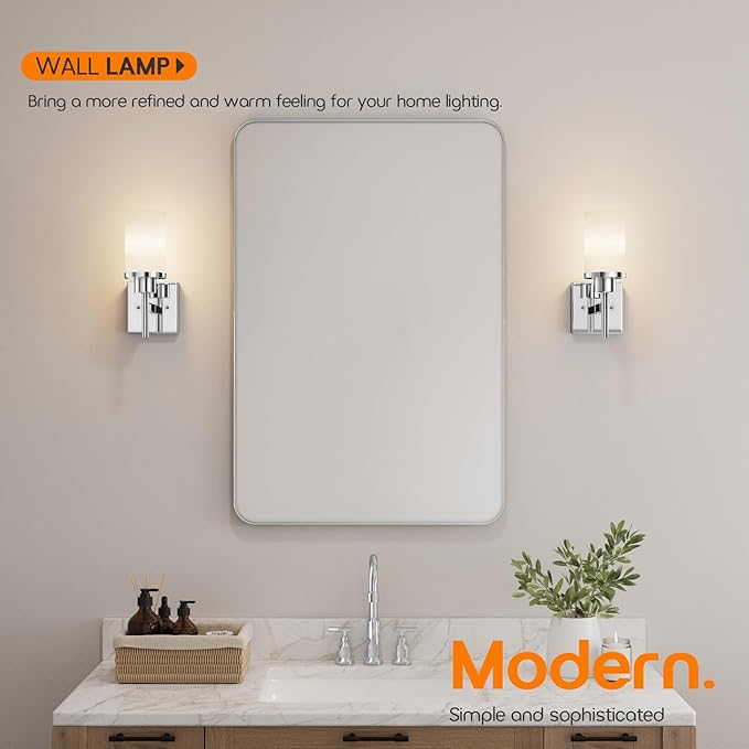 AONEON Vanity Lights Polished Chrome Bathroom Light Fixtures with White Frosted Glass Shade, Wall Sconce for Mirror Hallway Entrance Porch T001CH-L1