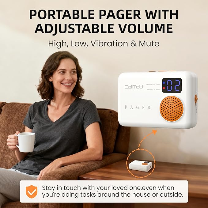 CallToU Caregiver Pager Wireless Call Button 500FT for Elderly Monitoring Vibration Call Bell Medical Alert System with Digital Display Low Power Reminder 2 Portable Receiver 2 SOS Call Button