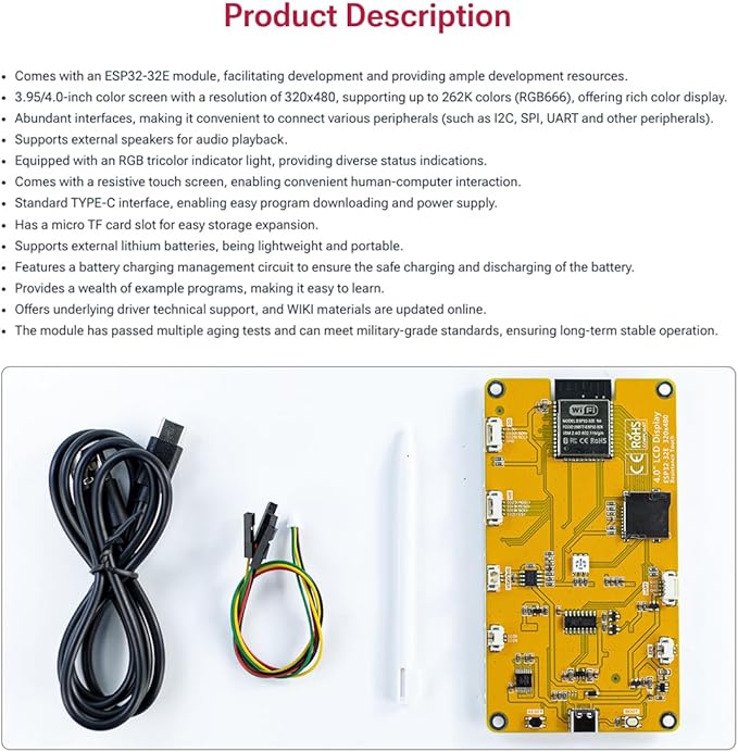 Hosyond 4.0'' 320x480 Touch Screen with ESP32-32E ESP32 Display with WiFi+BT, ST7796S Driver LCD TFT Screen Module for Arduino IoT