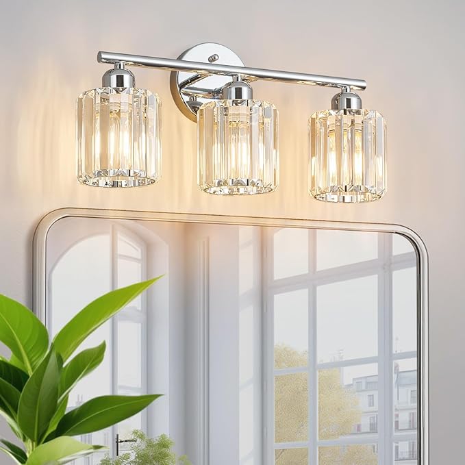 FDPBY Modern 3 Light Crystal Vanity Light, Chrome Vertical Bathroom Light Fixture Over Mirror for Dressing Table Sink, Compatible with Dimmable Bulbs (Bulbs Not Included)