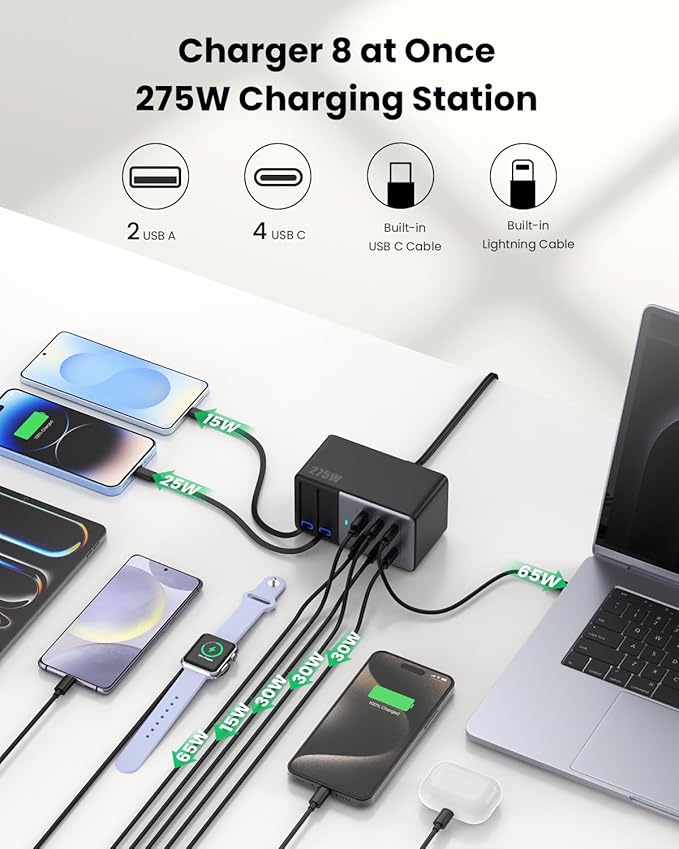 USB C Charger 275W Charging Station with Retractable Dual Cables,Upgraded 8-in-1 GaN IV Fast Charging Hub Block+PD QC PPS 65W Laptop Adapter for MacBook Pro/Air,iPad,iPhone 17/Pro,Galaxy S24,Dell etc
