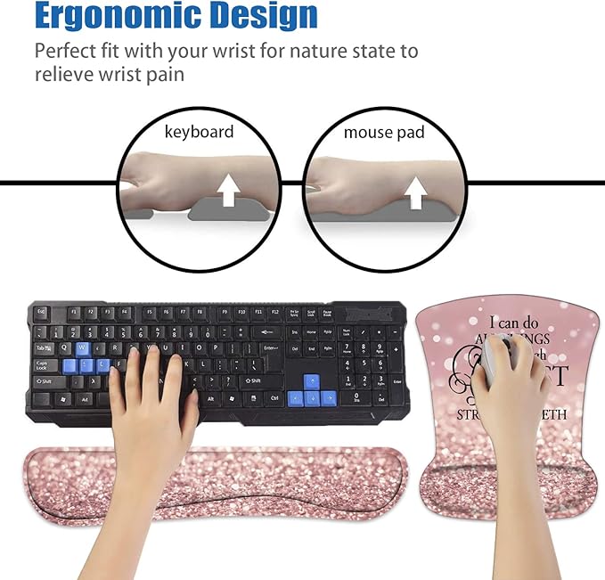 Ergonomic Mouse Pad Wrist Support and Keyboard Wrist Rest Set with Coasters, Non-Slip PU Base, Easy Typing and Relieve Wrist Pain, Perfect for Home Office Working Studying, Quote Bible Verse Phil 4:13