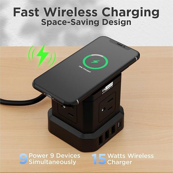Uncaged Ergonomics Wireless Charger Cube Power Strip with USB Ports & Surge Protection, 10ft Extension Cord, 4 AC Plugs, 3 USB Ports (1C), Fast Charging, On/Off Switch, Nightstand Charger Station