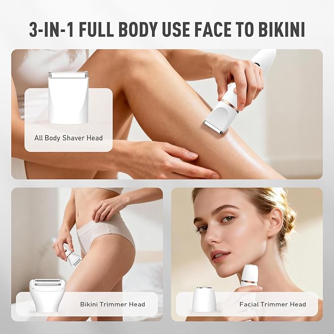 Crolanli Bikini Trimmer for Women, 3-in-1 Electric Razors for Women, IPX7 Waterproof Rechargeable Cordless Pubic Hair Shaver, with LED Display, for Ladies Bikini Pubic, Face, Underarms, Legs(White)