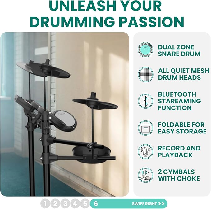 Fesley FED150W Electric Drum Set: Dual Zone Snare Drum,2 Cymbals w/Choke, 200 Sounds, 4 Quiet Mesh Drum Pads, Portable Electronic Drum Kit for Beginner, Bluetooth, MIDI, Throne, Headphone, Sticks
