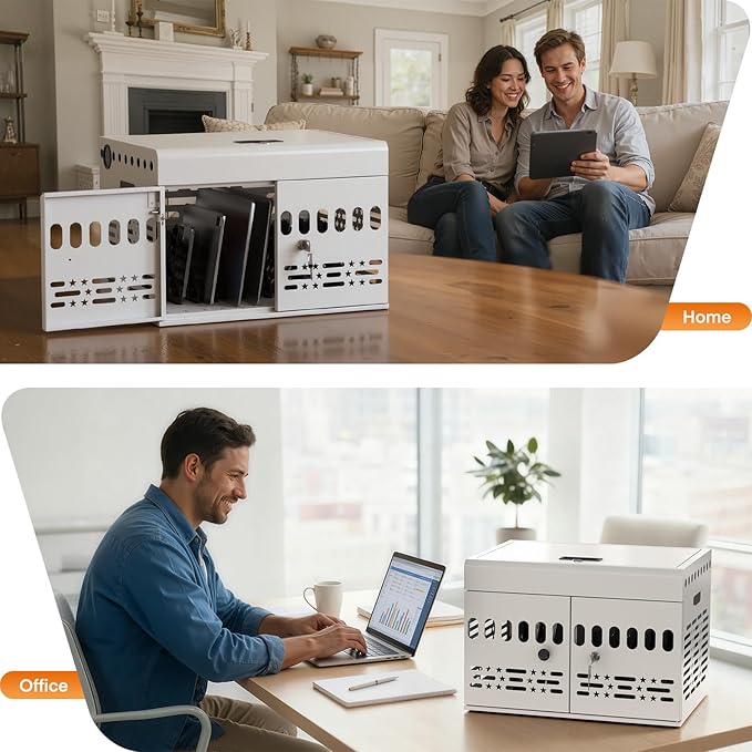 12-Device Charging Cabinet -Lockable Charging Station for iPad, Chromebook,Laptop&Tablet- American Style Charging Cabinet with Cord Management Ideal for Classrooms & Offices (Grayish White)