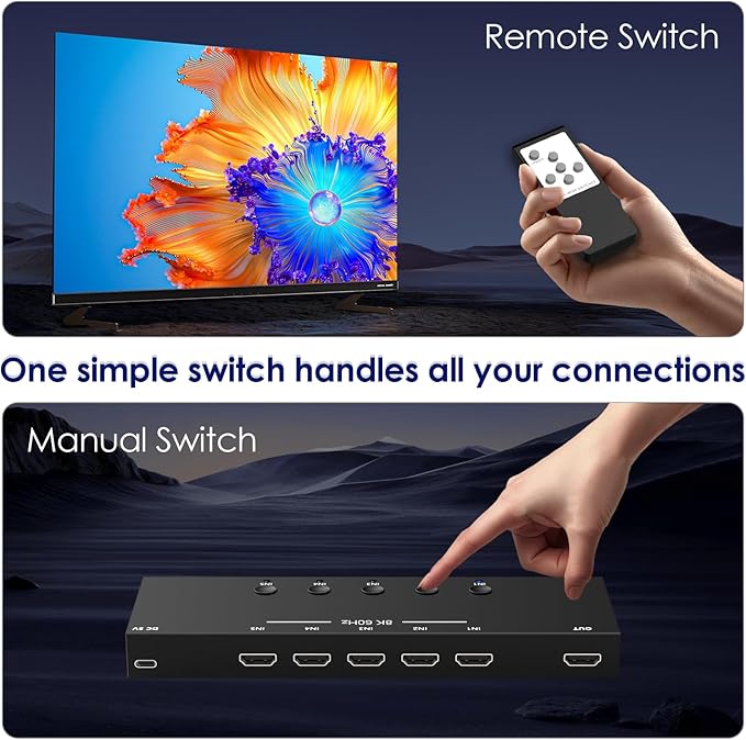 8K@60Hz HDMI 2.1 Switch 5 in 1 Out, 48Gbps Ultra HD 4K 120Hz, HDR10/Dolby Vision, 3D, Supports DTS-HD, Dolby TrueHD Compatible with PS5/4 Xbox Nintendo Switch Roku Apple TV Fire Stick Gaming PC