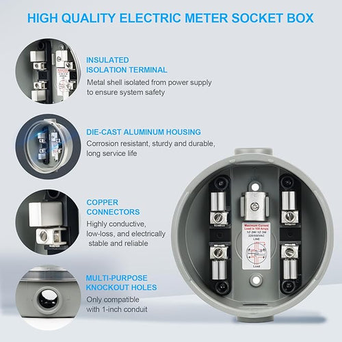 100 Amp Meter Socket, 4 Jaw Meter Base, 240V 3 Wire Ring Type, with Horn Bypass Meter Cover Plate, Suitable for Overhead/Underground Feed