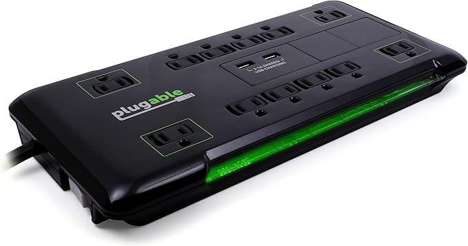 Plugable 12 Outlet Power Strip 4320 Joules Surge Protection, Built-in 10.5W 2-Port USB Charger for Android and Apple Phones, Mobile Devices, 6 Foot Cable