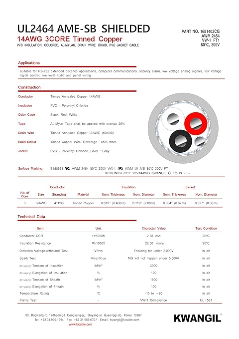 KWANGIL 3C 14AWG AMESB Shielded Cable Wire (UL2464) - Flexible Str TC, PVC Ins, OS+Drain+TC BRD, PVC JKT for CNC Machine, Stepper Motor, VFD Spindle (Gray 25FT)