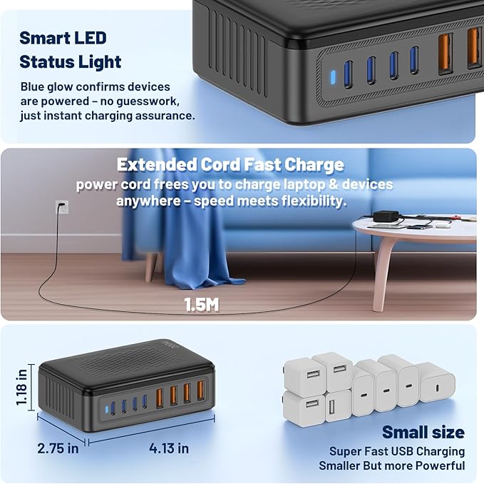 200W USB C Charging Station,8-Port GaN USB C Charger Block,PD 65W Desktop Charger, Power Strip Adapter Compatible with iPhone 17/16/ 15/14,MacBook Air/Pro,DELL,for iPad Pro,Galaxy and More,Black