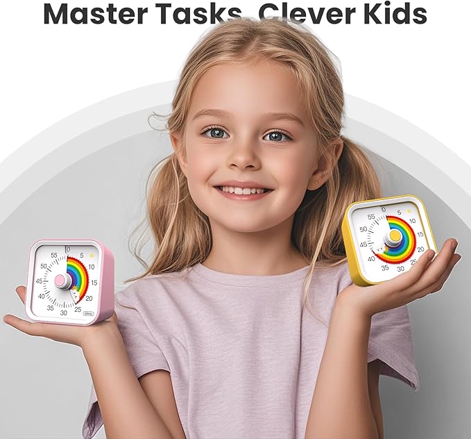 InfPokid Visual Timer for Kids with Pause Function, Cute Silent Timer with Rainbow for Classroom, Teaching, Task, Kitchen, 60 Minute Countdown Time Management for ADHD (Rainbow Pink)