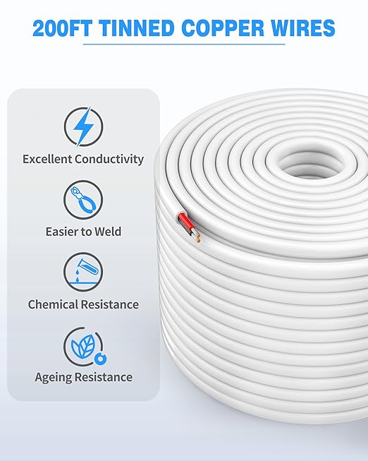 NAOVEO 14 Gauge Wire 2 Conductor Electrical Wire, 14 AWG Stranded PVC Tinned Copper Cable, Flexible/Low Voltage Automotive Wiring for LED Lamps, Marine, Speaker, Appliances (200FT)