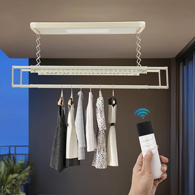 banborba Electric Retractable Airing Rack, Ceiling Mounted Clothes Drying Rack, Retractable Clothesline, Vertical Laundry Drying Rod with LED Light & Remote, 110V 24W, Off-White Color