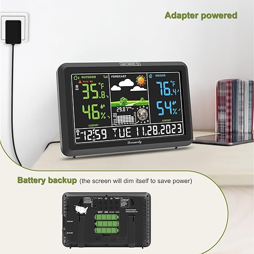 DreamSky Weather Station Indoor Outdoor Thermometer Wireless with Digital Atomic Clock for Home, Large Display with Dimmer, USB Port, Inside Outside Temperature Humidity Monitor (Adapter Powered)